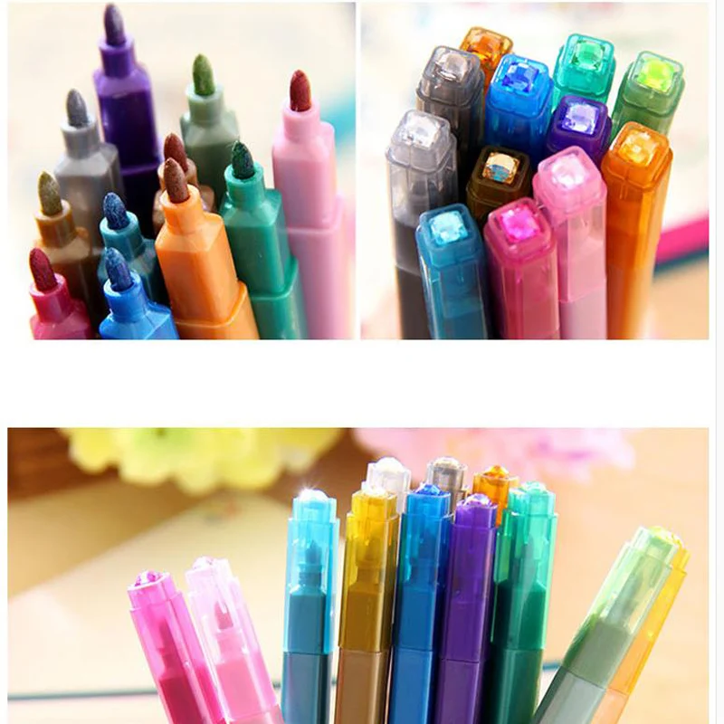 12 pcs/Set Permanent Metallic Paint Art Marker Brush Pen for Gift Card Making, DIY Photo Album Metal Glass Plastic