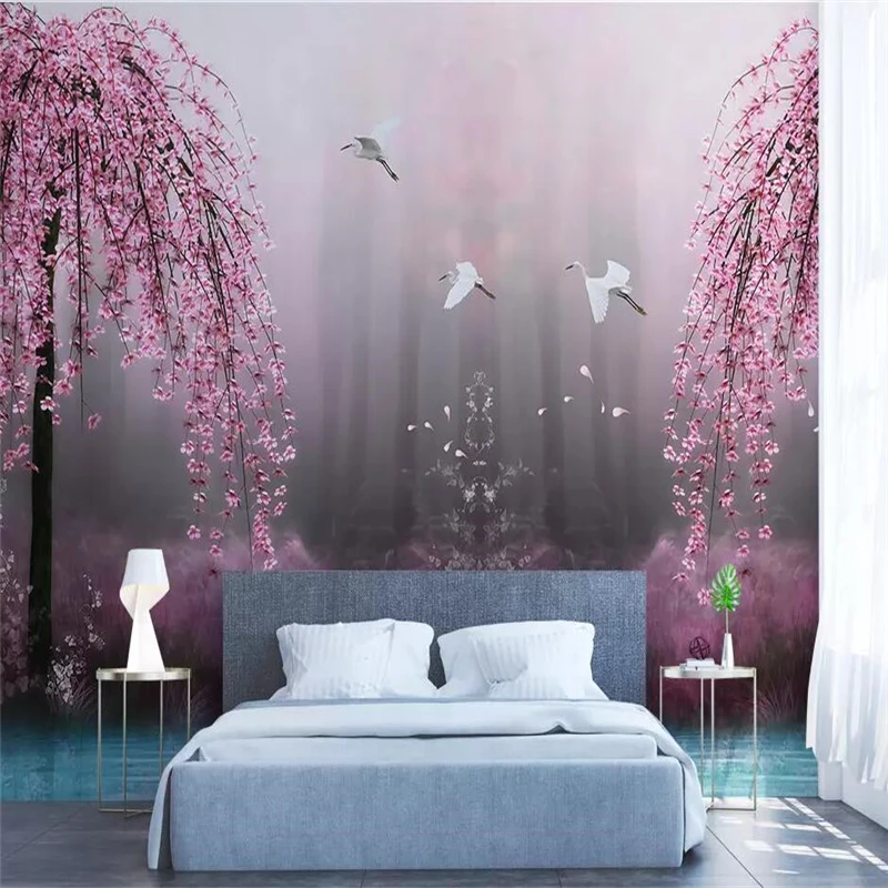 Personalizado sonhador rosa cereja cisne lago paisagem papéis de parede decoração para casa fundo tv grande mural verde papel de parede 3d