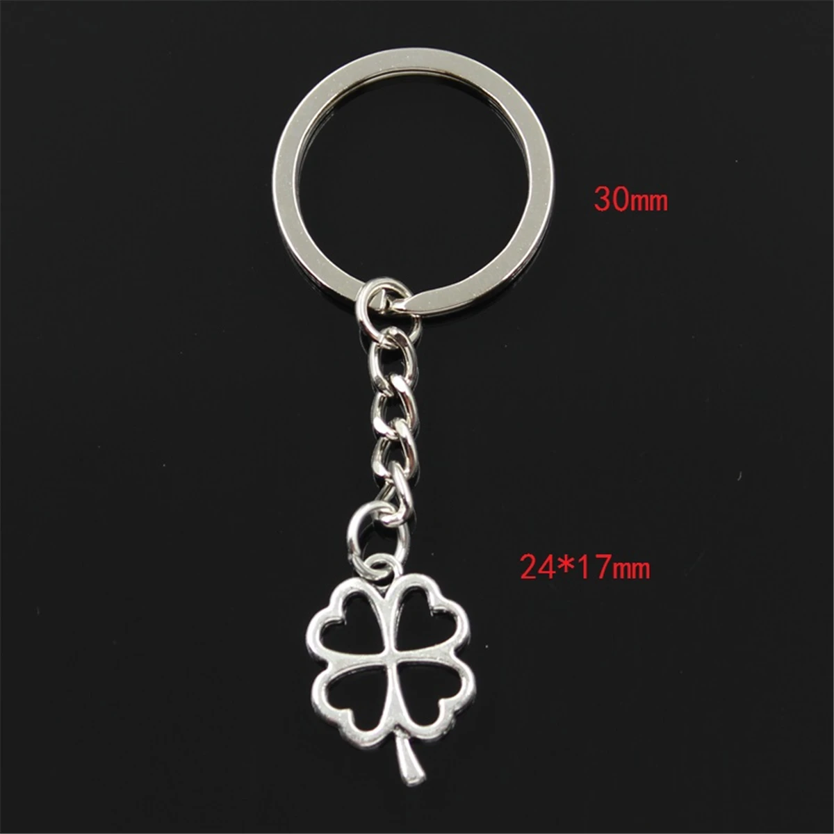 New Fashion Men 30mm Keychain DIY Metal Holder Chain Vintage Lucky Four Leaf Clover Irish 24x17mm Silver Color Pendant Gift