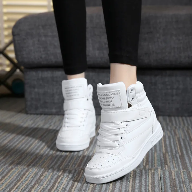 Women Sneakers Women Casual Shoes Platform Hidden Increasing Sneakers Breathable Leather Shoes High Top White Sneakers