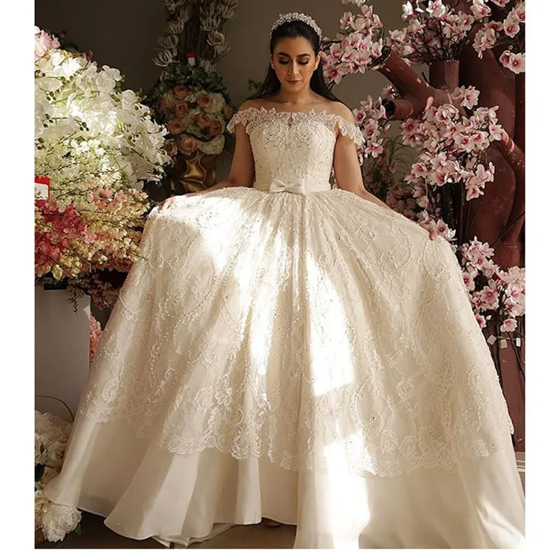 Saudi Arabia Vestidos De Novias Boat Neck Appliqued Short Sleeve Beaded Organza Wedding Party Dresses