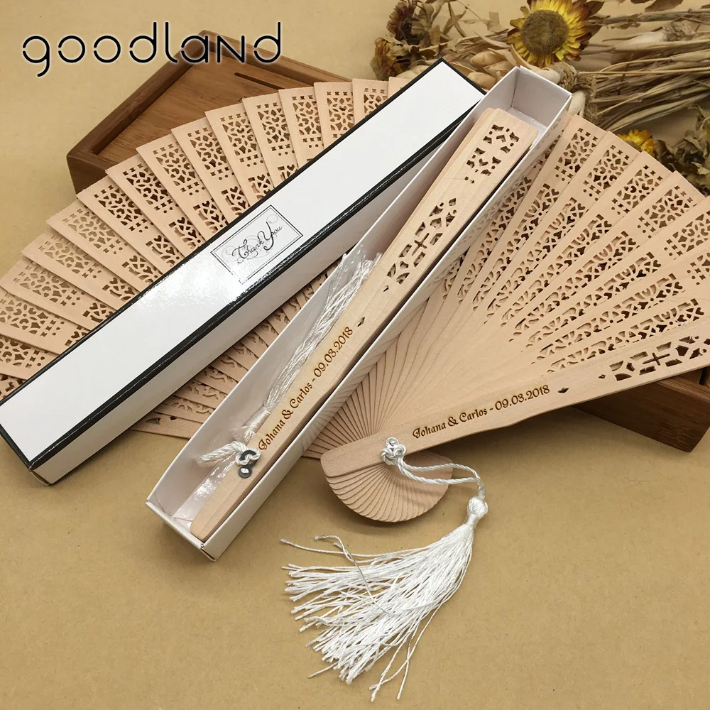 Free Shipping 50pcs/Lot Wholesale Customized 20cm Aromatic Wood Pocket Folding Hand Fan Carved Wedding Decor Supplies