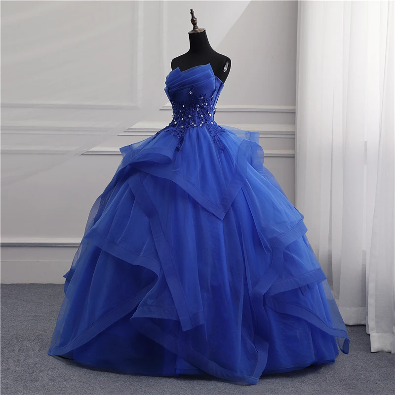 จริงวิดีโอชุดราตรีอย่างเป็นทางการ Ball Gown Elegant Blue สีขาวไม่มีที่สิ้นสุด Princess ชุดราตรีสำหรับ Party ออกแบบใหม่