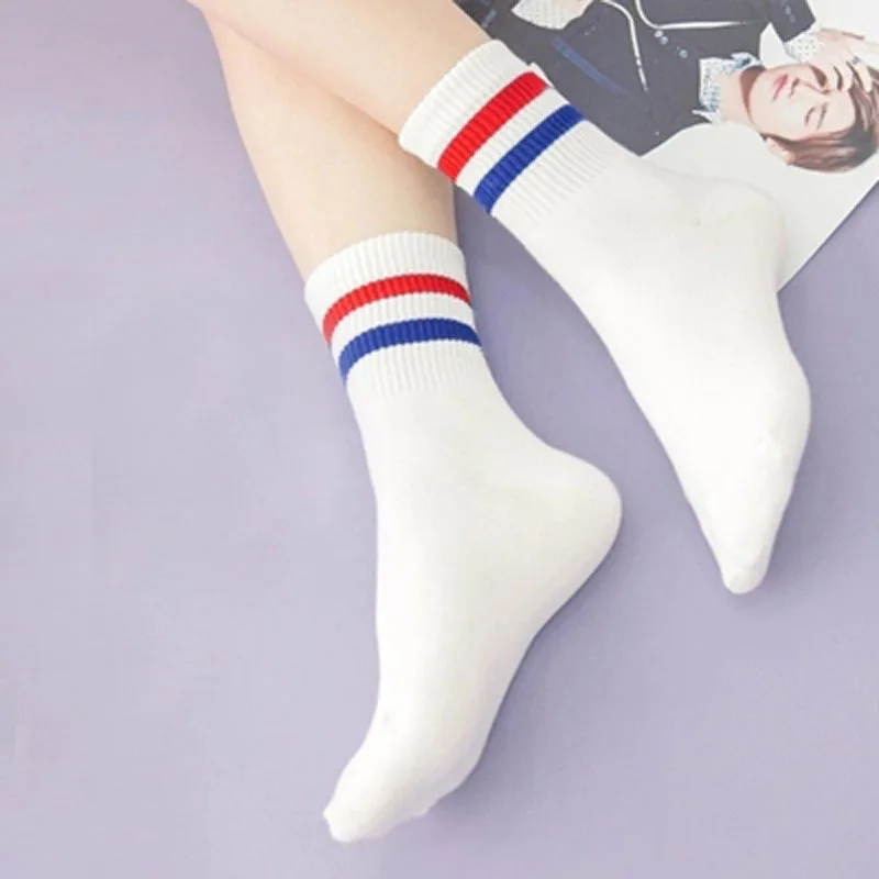 New Design Two Striped  Socks Lovers Women Men Cotton Blue Black  White Mint Green  Meias Calcetines Mujer