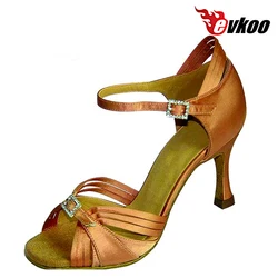 Evkoodance fibbia in cristallo stile popolare 7cm tacco scarpe Salsa suola in pelle scamosciata colore marrone chiaro personalizza scarpe da ballo latino da sala Evkoo050