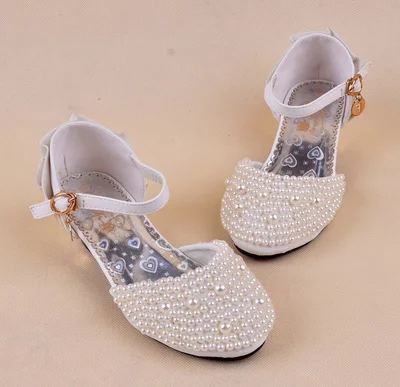 

2023 Summer Hot Wedding Flower Girls High-Heeled Princess Pearl Beading Sandals Children Kids Dance Performance Single Shoes X5