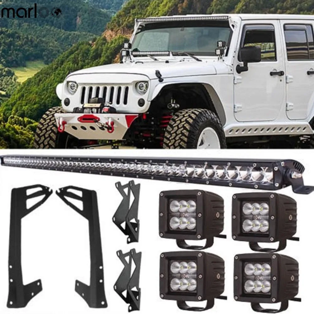 Car 250W 50 Inch Signle Row LED Light Bar 18W Led Pods Upper Mount Bracket Kit For Jeep Wrangler Jk 07-17 With Free Wire Harness