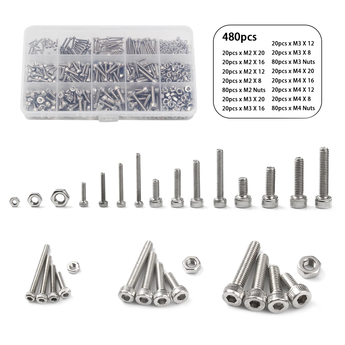 480Pcs 304 Stainless Steel M2 M3 M4 Cylinder Head Hex Socket Head Cap Screws Nut Assorted Kit With Box