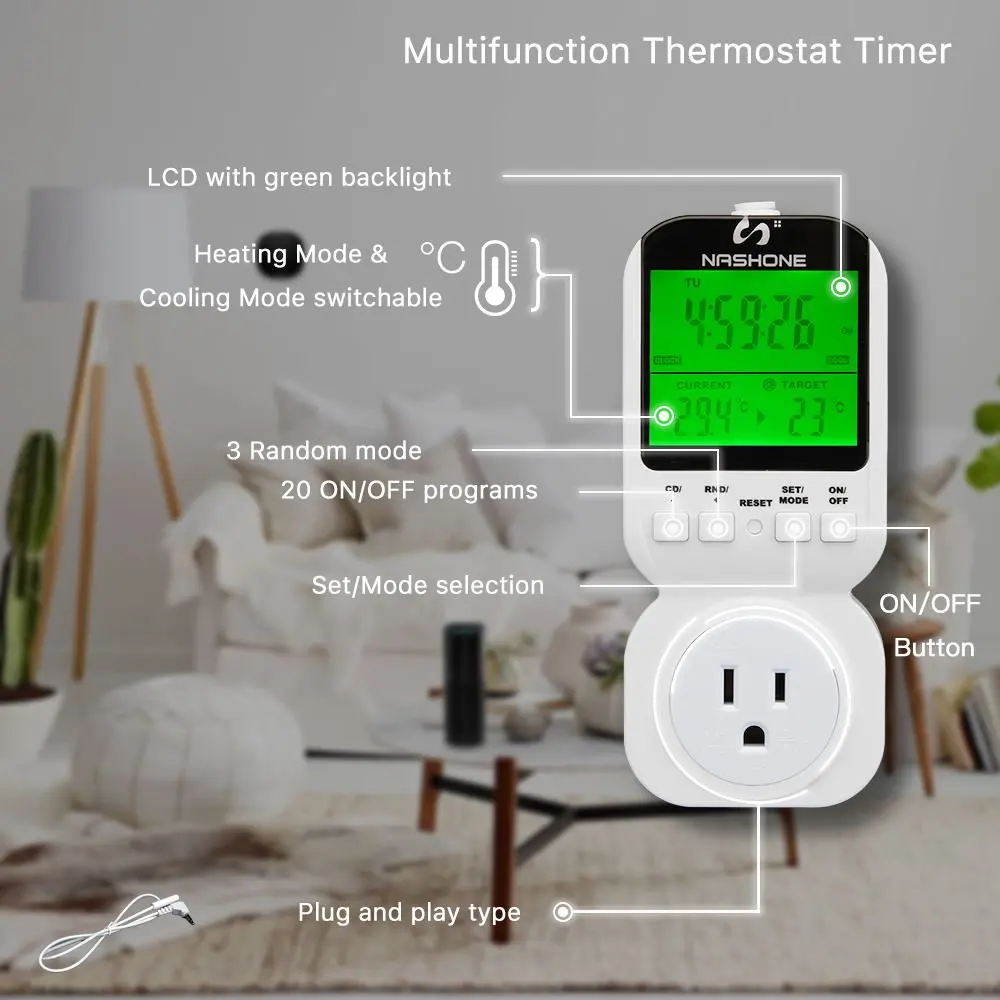 Nashone Multi-function Thermostat Timer 220V Digital Temperature Controller Socket Outlet With Sensor Probe 7-day Programmable