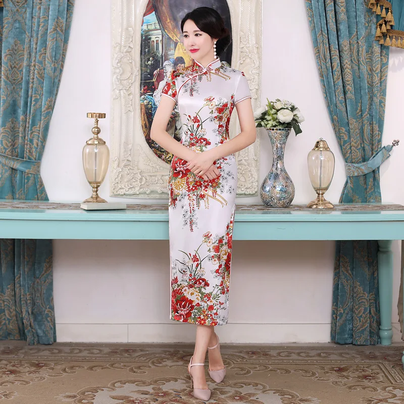 White Chinese Women Qipao Plus Size 3XL Vantage Print Flower Cheongsam Stain Long Slim Dresses Elegant Female Chinese Dress