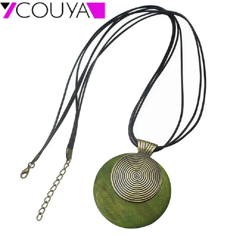 COUYA Jewelry for Women Leather Long Chain Pendants&Necklaces Green/Coffee Wooden Pendant Choker Necklace N10046