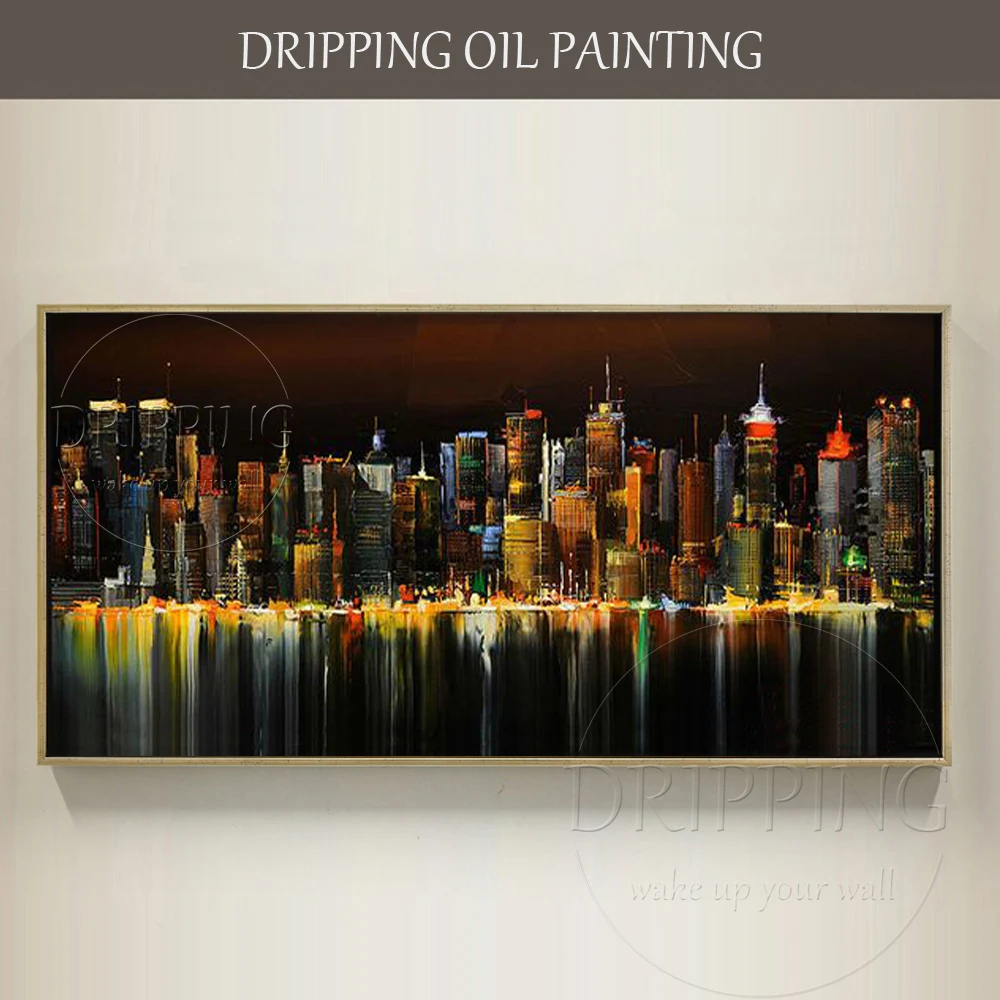 

Skilled Artist Hand-painted High Quality Abstract Urban Skyscraper Oil Painting on Canvas Abstract New York Night Oil Painting