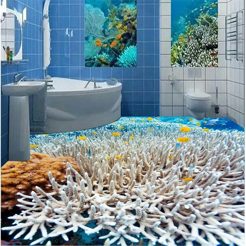 

beibehang Biological coral Waterproof Bathroom Floor painting kitchen balcony PVC Wall paper Self Floor mural 3D wall sticker