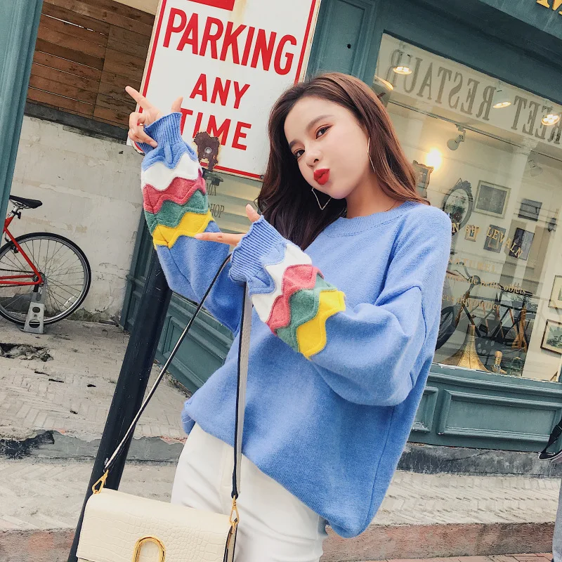 2020 Autumn/Winter New Loose Knitting Women Sweater Colorful Personality Lantern Sleeves O-neck Fashion Casual Female Pullover