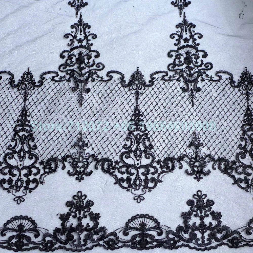 La Belleza 1 yard  Black/ivory(Off-white) robin sequins on netting embroidered wedding/ evinging/show dress france lace fabric