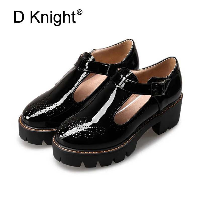 T-Starp donna Oxfords Platform Casual Brogue Shoes donna Vintage Creepers Square tacchi alti donna décolleté in pelle verniciata scarpe D44