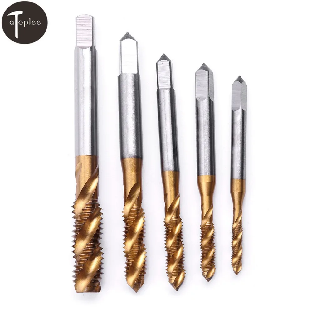 5Pcs M3 M4 M5 M6 M8 High-speed Steel Titanium Coated Spiral Fluted Screw Tap Metric Right Hand Thread Tap Hand Tool