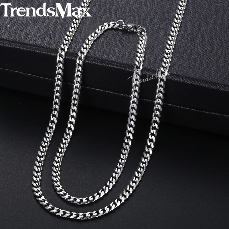 Jewelry Set For Men Stainless Steel Bracelet Necklace Set Curb Cuban Chain 2018 Hip Pop Wholesale Jewelry Male 3mm KKS114