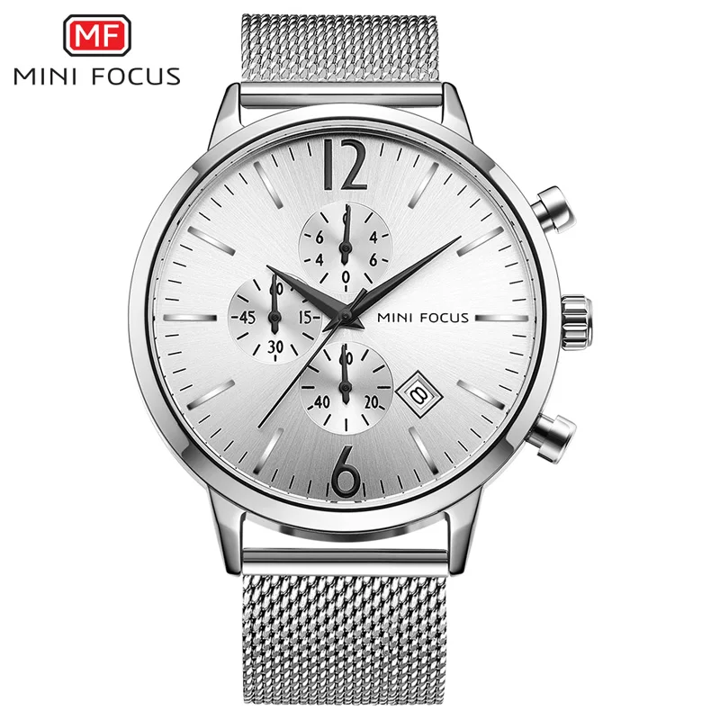 MINI FOCUS Men Classic Quartz Watches Stainless Steel Mesh Bracelet Chronograph Waterproof Wristwatch Man Relogios 0185G Silver