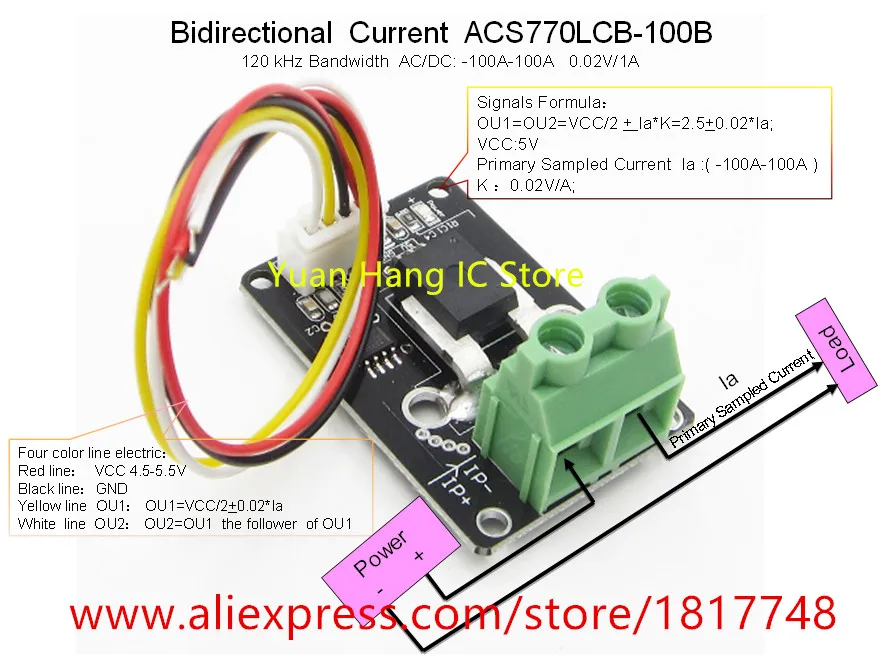 

Bidirectional DC current sensor module acs770lcb-100b acs770lcb 100b acs770 120kHz bandwidth DC: -100-100a 0.02v/1A