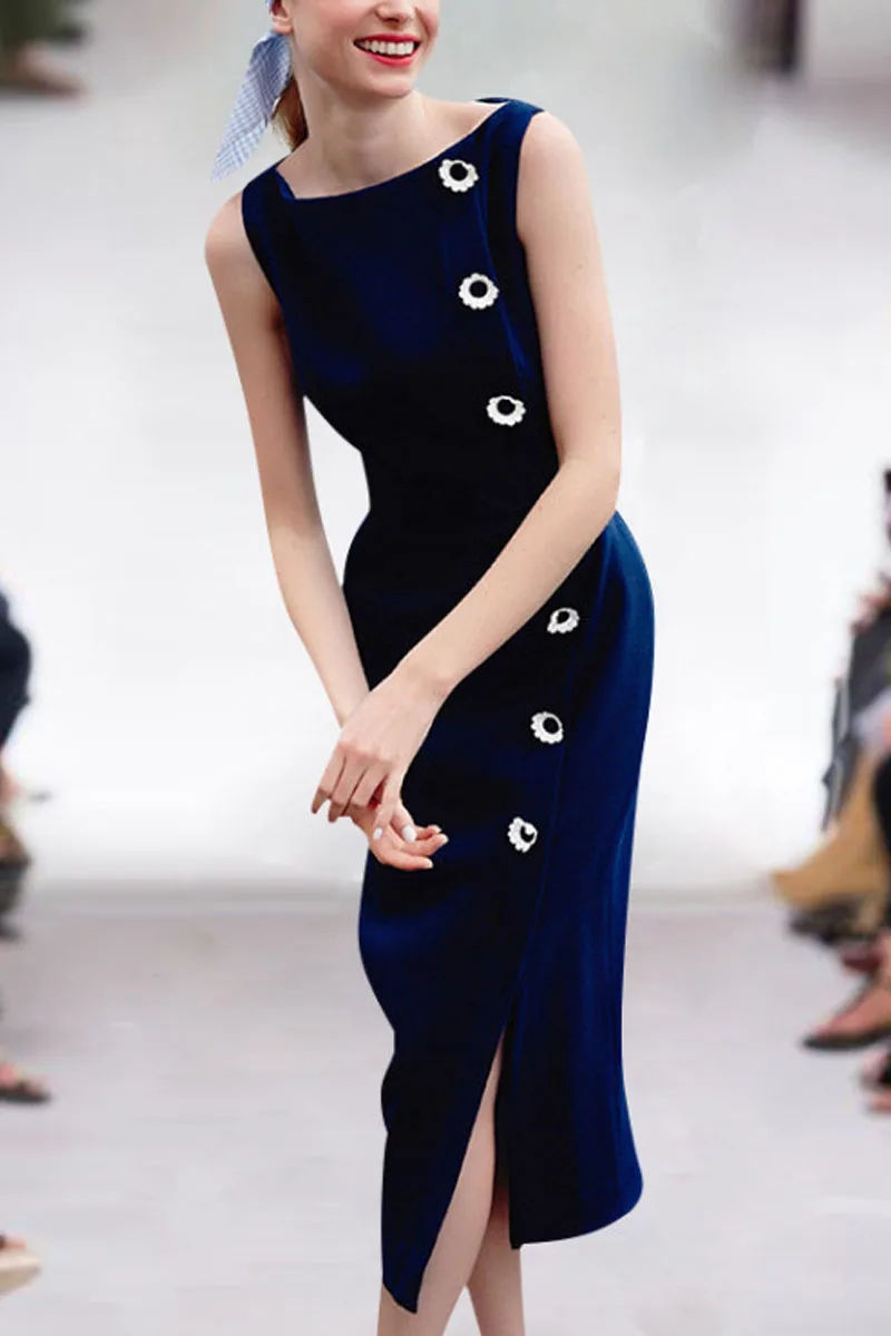 قلم رصاص عالي الجودة للربيع والصيف للنساء، فستان كاجوال مثير للحفلات في مكان العمل، أنيق وأنيق باللون الأزرق الداكن