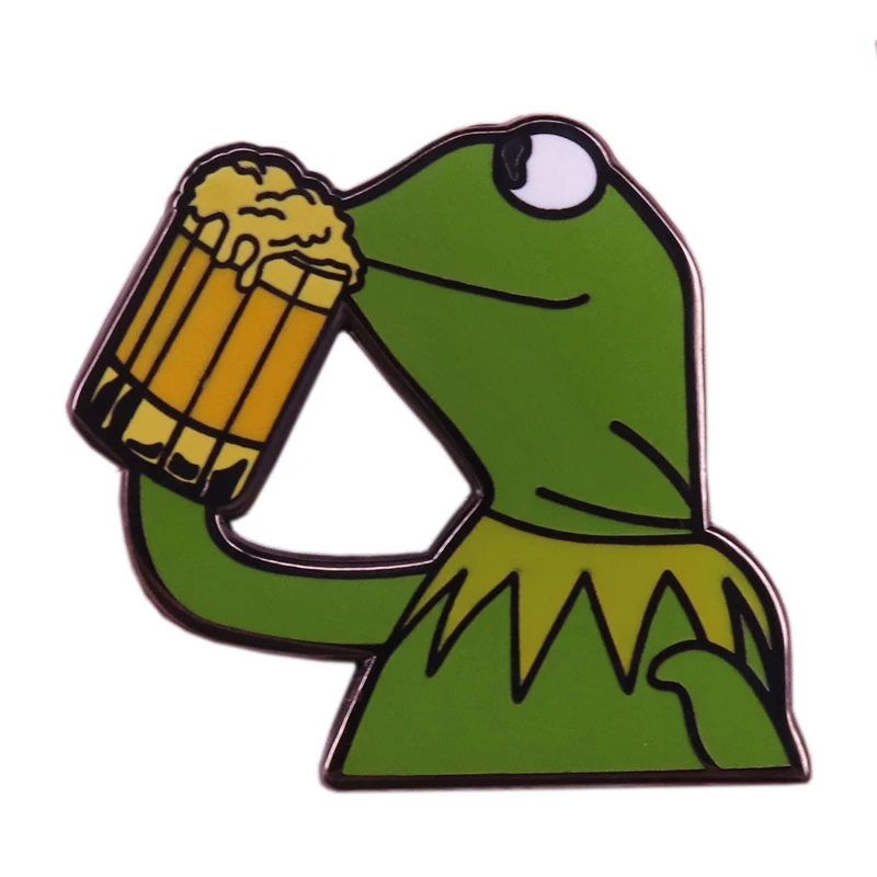 Kermit drinking beer enamel pin Meme frog brooch none of my business funny badge gift creative pop culture accessory