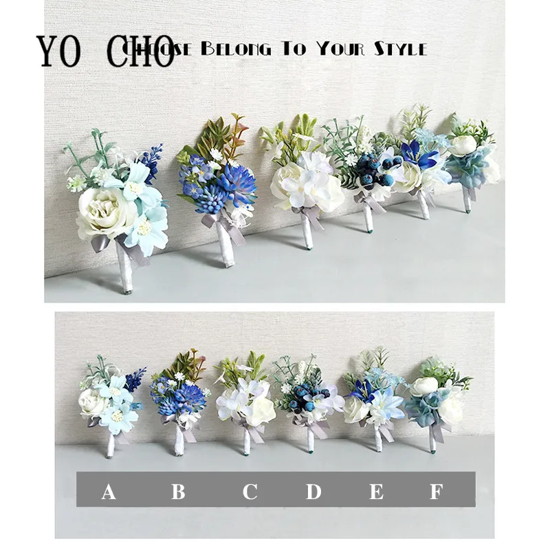 YO CHO Royal Blue Rose Wrist Corsage Bracelet Hand Flowers Brooch Party Bridal Prom Wedding Decor Photography Props Boutonniere