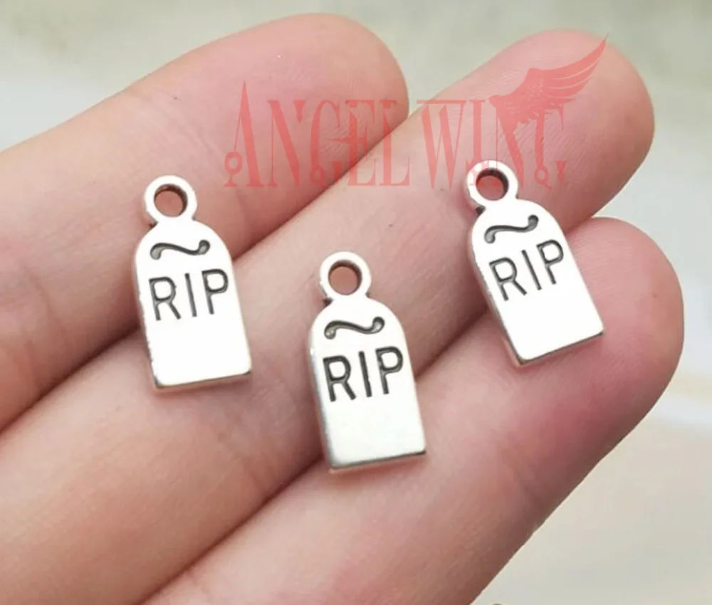 50pcs/lot--16x8mm Antique Silver Plated Halloween Gravestone RIP Charms Halloween Pendants For DIY Supplies Jewelry Accessories