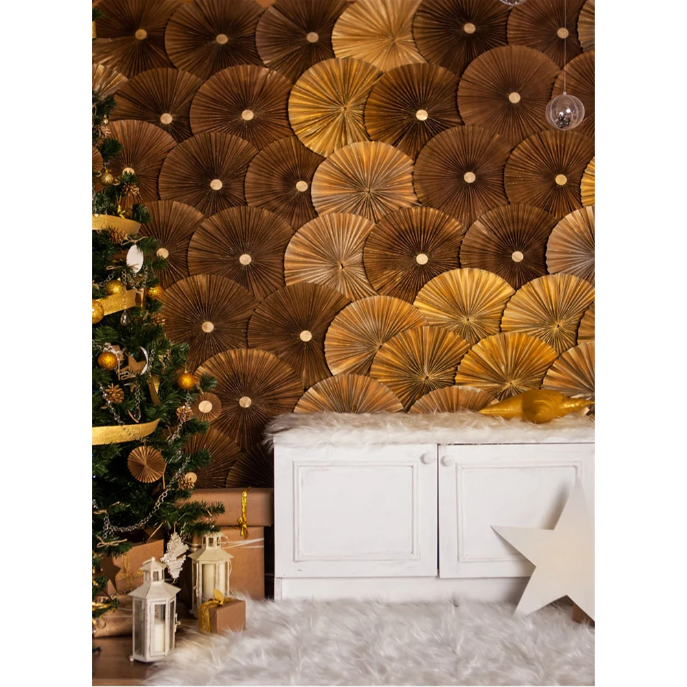 

Vinyl Xmas Backdrop for Baby Photography Printed Brown Gold Paper Flowers White Star Cabinet Lanterns Christmas Tree Background