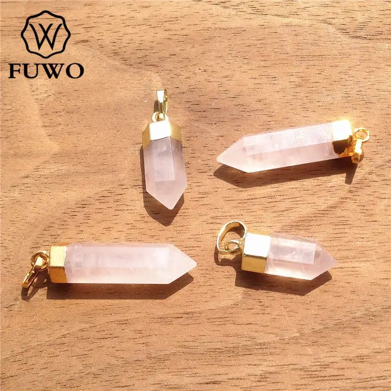 FUWO Wholesale Rose Quartzs Point Pendant Golden Plated Spike Shape Raw Crystal Accessories For Jewelry Making 5Pcs/Lot PD119