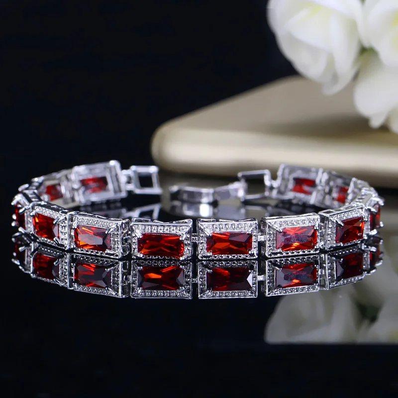 Pera, brazalete y pulsera de 6 colores a elegir de alta calidad para mujer, piedra de cristal roja grande y cuadrado, Color plateado, regalo de joyas de fiesta B119