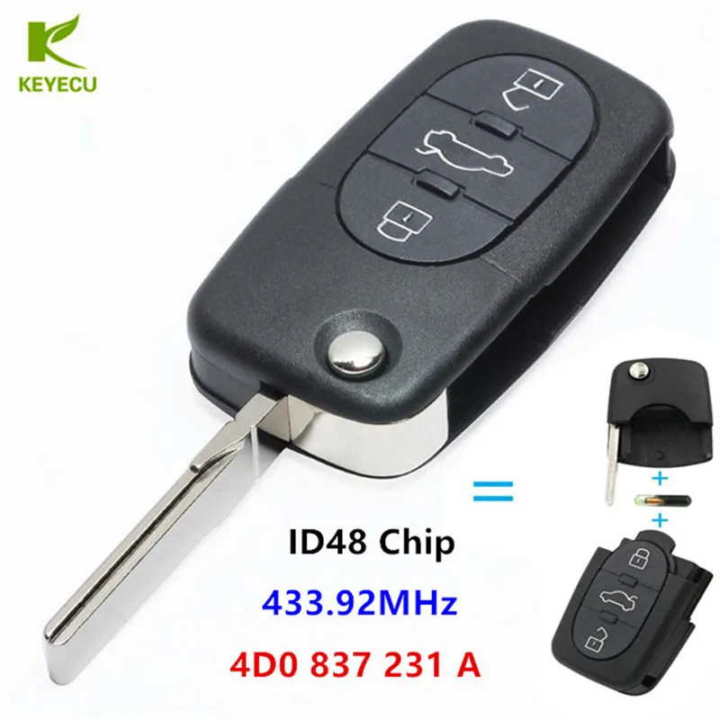 

KEYECU Replacement Remote key Fob 3 Button 433.92MHZ WIth ID48 Chip for Audi A2 A3 A4 A6 A8 TT RS4 4D0 837 231 A