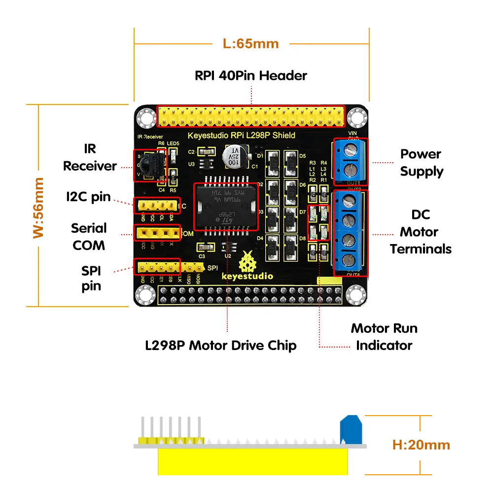 Keyestudio Raspberry Pi L298P Motor Drive Shield Board Dual Power H-bridge Driving For Arduino/Raspberry Pi 4B/3B+/3