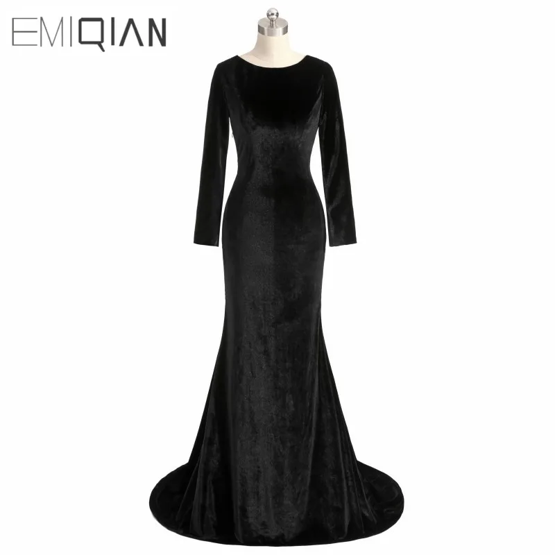 Vintage O-neck Mermaid Long Evening Dress Full Sleeves Floor Length Black Prom Dress with Embroidery