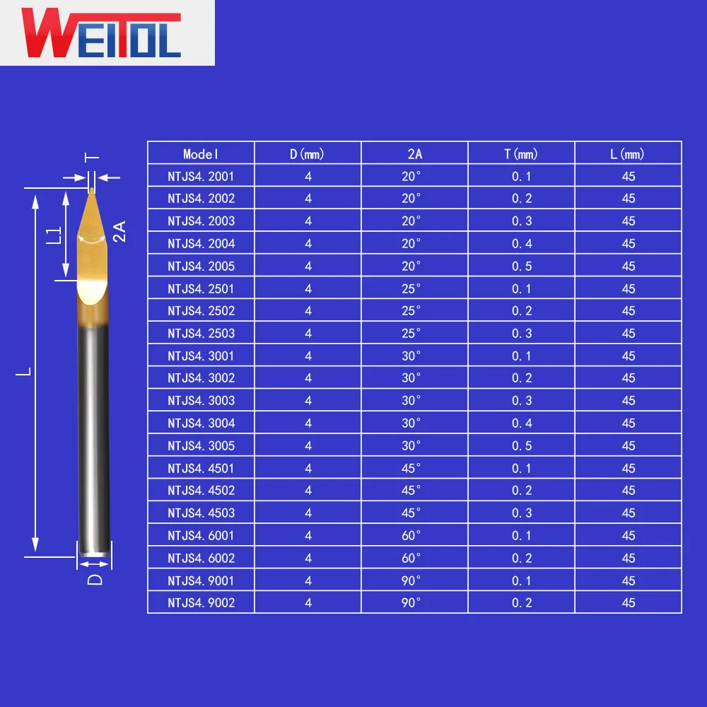 WeiTol-Embouts de gravure en forme de V, mèches de toupie à revêtement jaune pour graver la fraise en bout en métal, 4mm, SHK, 0.1mm