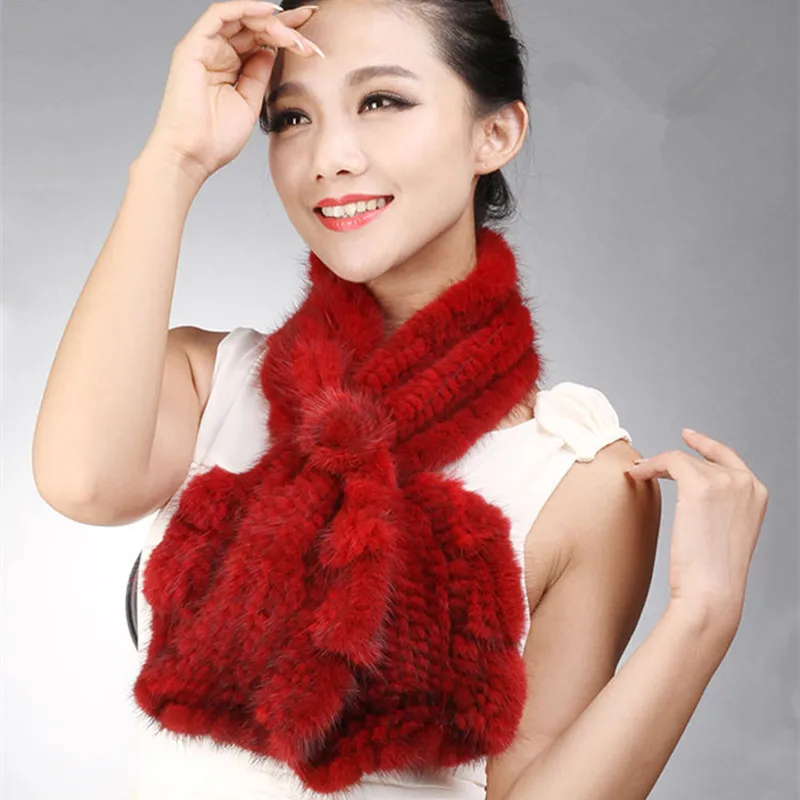 

Winter Women's Genuine Real Knitted Mink Fur Muffler with Ruffle Hem Lady Warm Scarves Neckwarmer VF0617