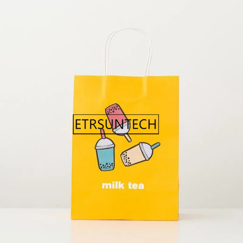 200pcs Milk Tea Packaging Bag Gift Tote Bag Kraft Paper Disposable Party Takeout Bag Takeaway Packing 21x11x27cm