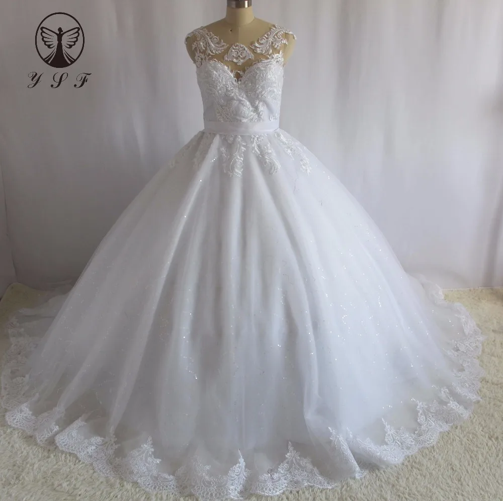 Brazil Robe De Mariee O Neck Lace Appliqued Tay Bóng Gown Tỏa Sáng Công Chúa Wedding Dresses 2018