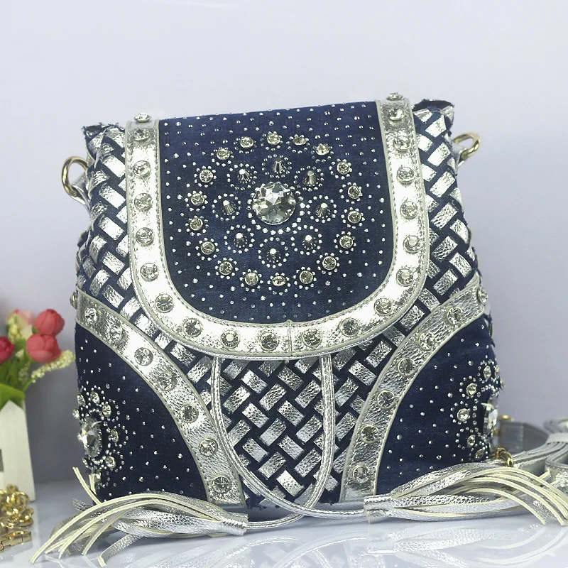 Miwind 2016 Del Denim Delle Donne Borse di Jeans Borsa di Alta Qualità Delle Signore Borse Con Diamanti Rivet Messenger Borse Sacchetto di Spalla