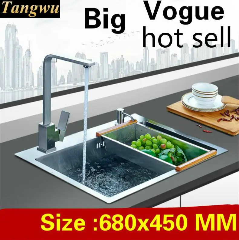 

Free shipping Luxury big kitchen manual sink single trough high capacity wash vegetables 304 stainless steel 680x450 MM