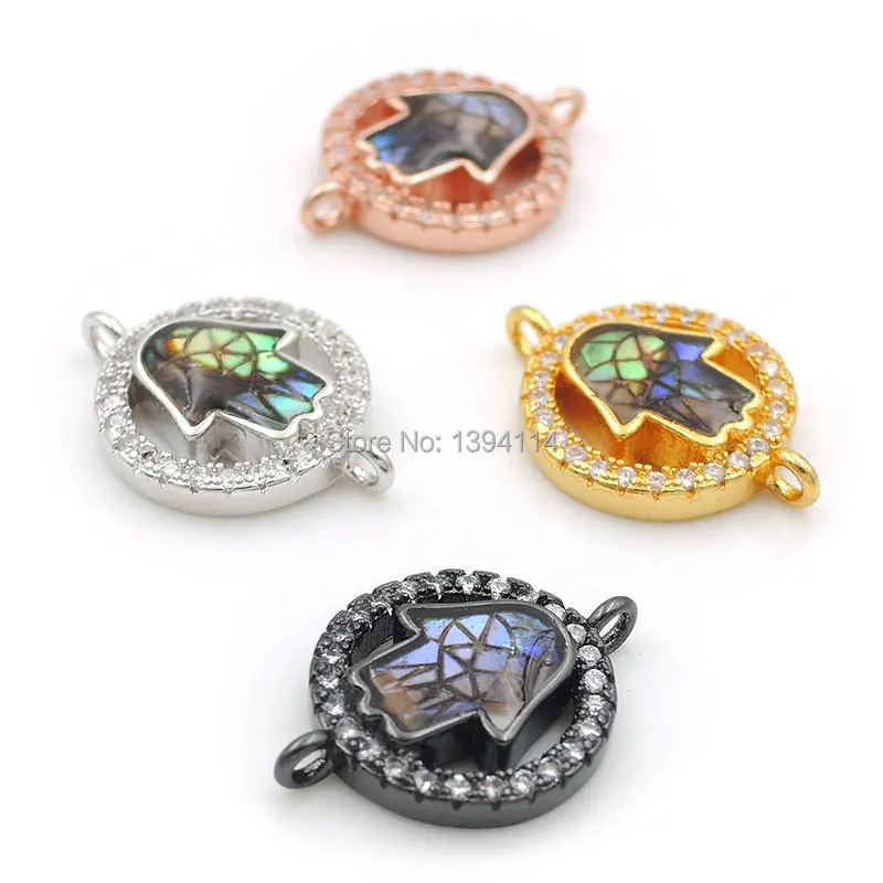 

16*12*3mm Micro Pave Clear CZ Gridding Abalone Shell Round Of Palm Relief Connector Fit For Women As DIY Bracelets Accessory