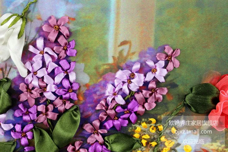 Needlework,Chinese DIY Ribbon Cross stitch Sets for Embroidery kit,beautiful Purple flowers Cross-Stitch handwork house decor