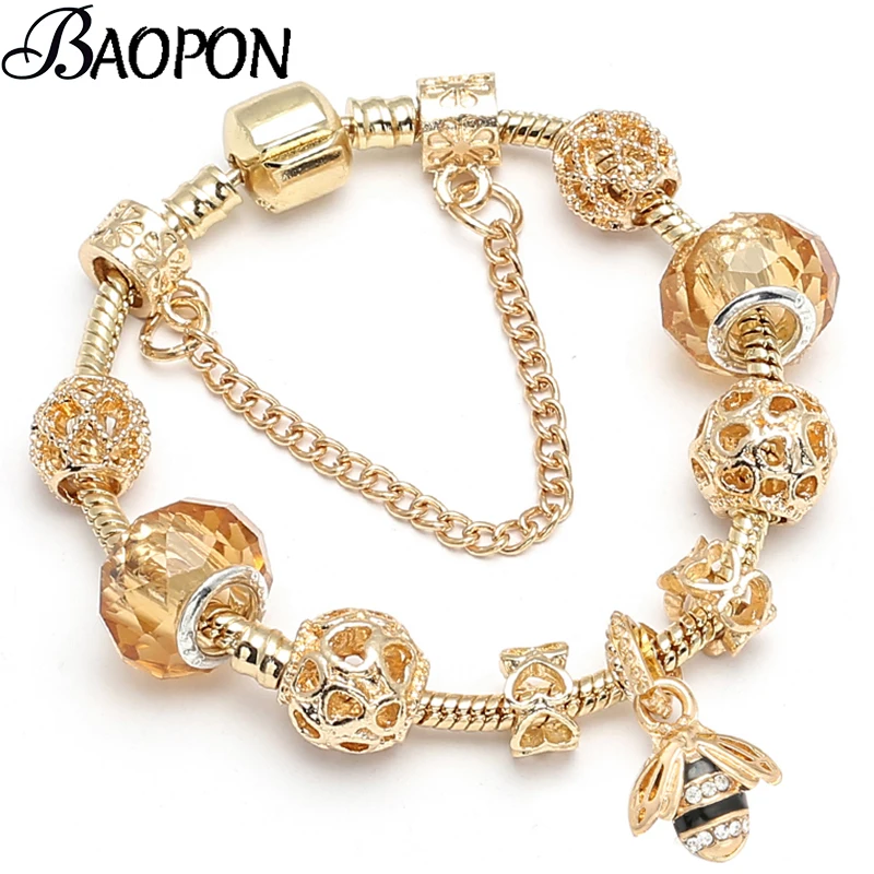 BAOPON Luxury Crystal Bees Gold Color Charm Bracelet For Girl Murano Glass Beads Fine Bracelet For Women Couple DIY Jewelry Gift