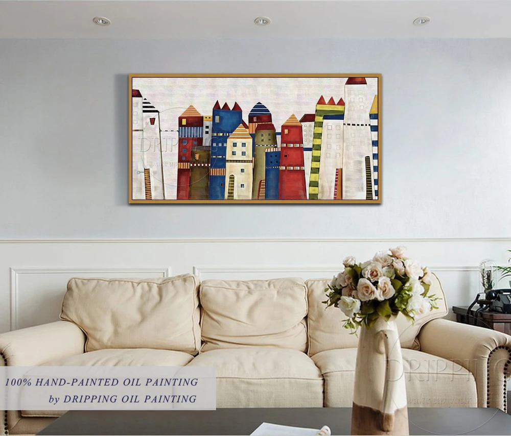 New Design Artist Hand-painted High Quality Colorful Houses Oil Painting on Canvas Modern Building Oil Painting for Living Room