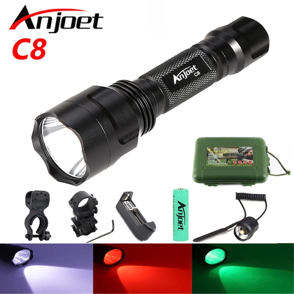 

Anjoet C8 CREE светодиодный фонарик светильник/красный/белый свет, тактический фонарь, лампа для рыбалки, быстрое использование 18650