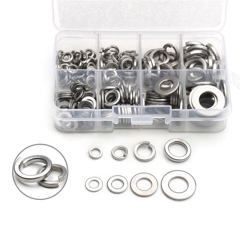 

ZENHOSIT 200PCS M5/M6/M8/M10 304 Stainless Steel Flat Machine Washer Spring Washers Ring Kit Assortment with Box