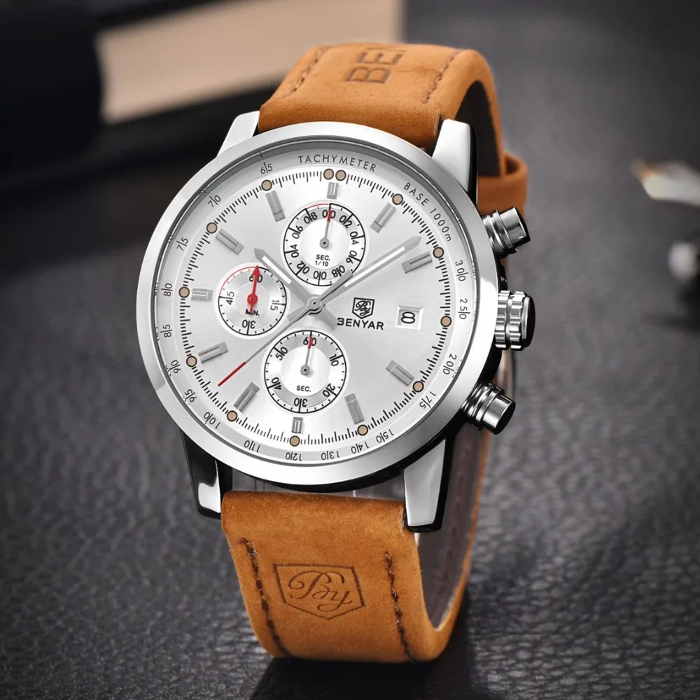 BENYAR New Fashion Chronograph Genuine Leather Sport Mens Watches Top Brand Luxury Military Quartz Watch Clock Relogio Masculino