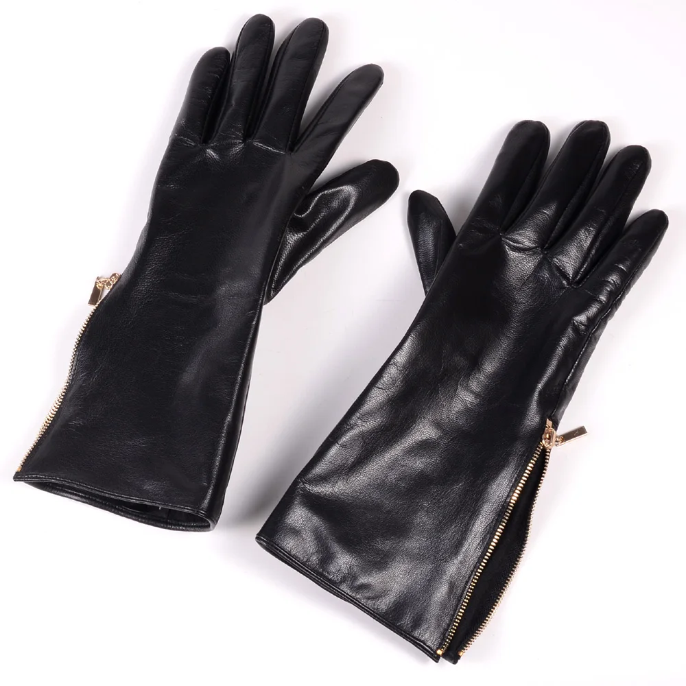 Men Winter Real Leather Long Gloves With Golden Zipper Male Show Black Thick Manopla Hand Warm Mott Cycling Suede Gauntlet