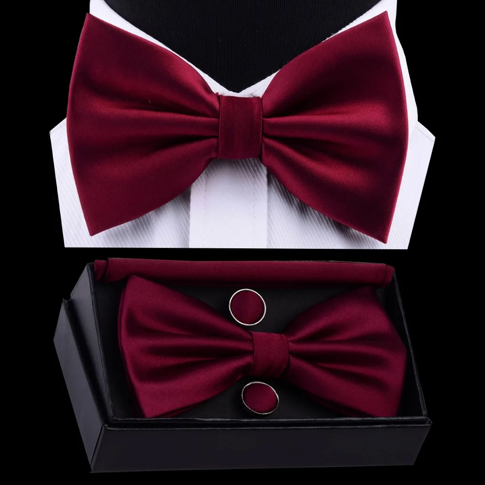 GUSLESON Men's Silk Adjustable Pocket Square Cufflinks Bow Tie Set Waterproof Solid Plain Bowtie Handkerchief Set with Box