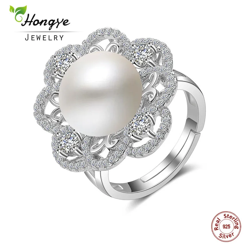 

Hongye 2020 New Fashion 100% Real Natural Freshwater Pearl 925 Sterling Silver Flower Design Rings Party Jewelry For Women Gift